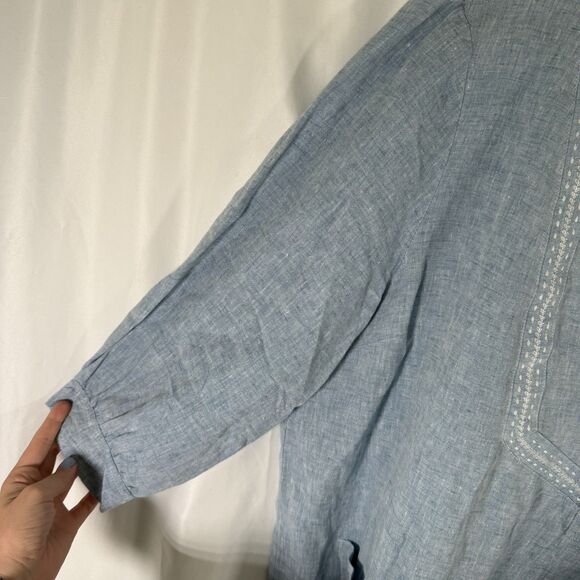 Potery 100% Linen Maxi Dress Womens 18 Blue Front Pockets Long Sleeve Round Neck - Picture 4 of 14